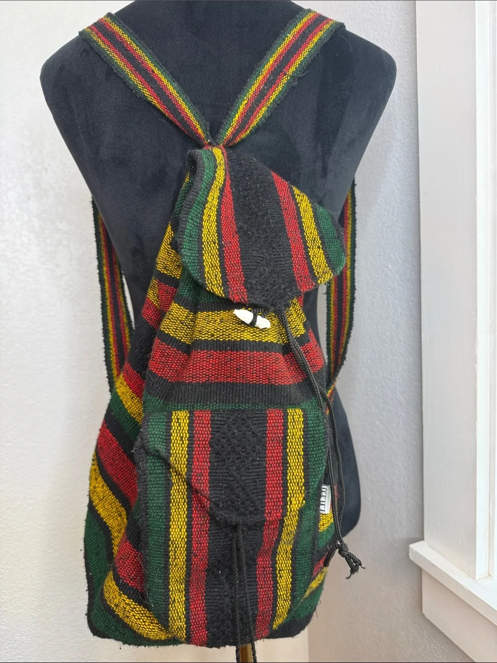 Artesanias Lillo Rasta Stripe Woven Drawstring Backpack Boho Festival Hippie Bag